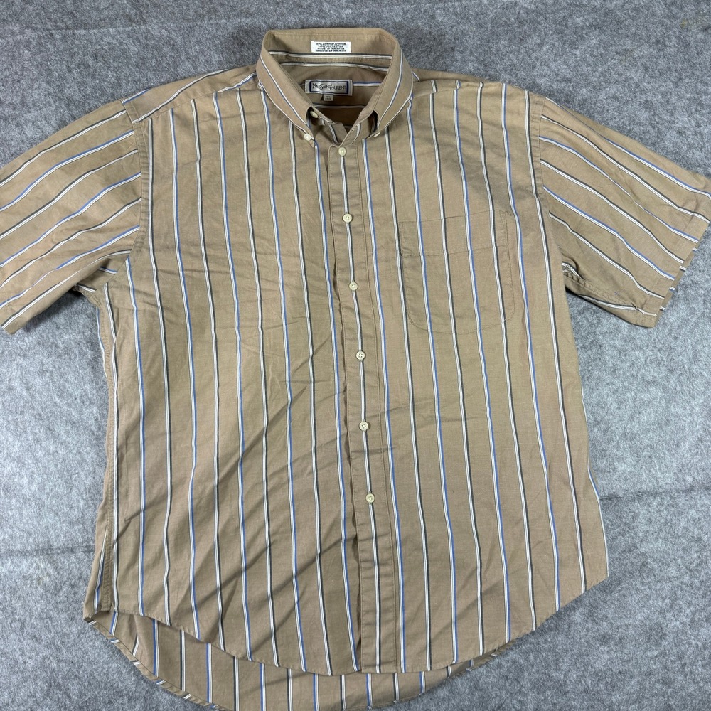 Yves Saint Laurent Button Down Mens 16.5 Tan Striped Short Sleeve Designer Shirt